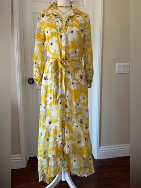BANANA REPUBLIC YELLOW FLORAL TIERED MAXI SHIRT DRESS SIZE 2